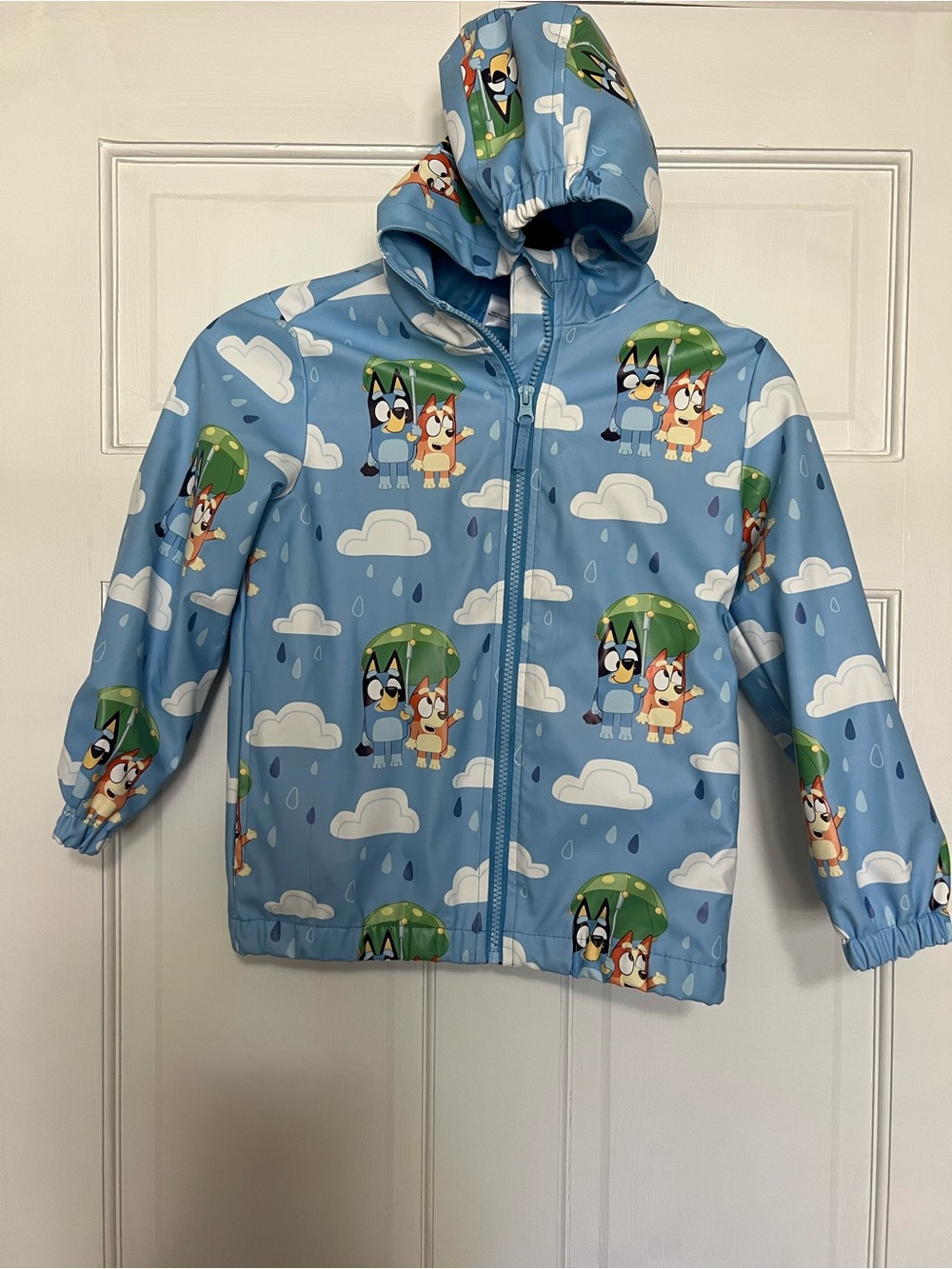 Kids Blue Hooded Raincoat with Bluey and Bingo Umbrella Print